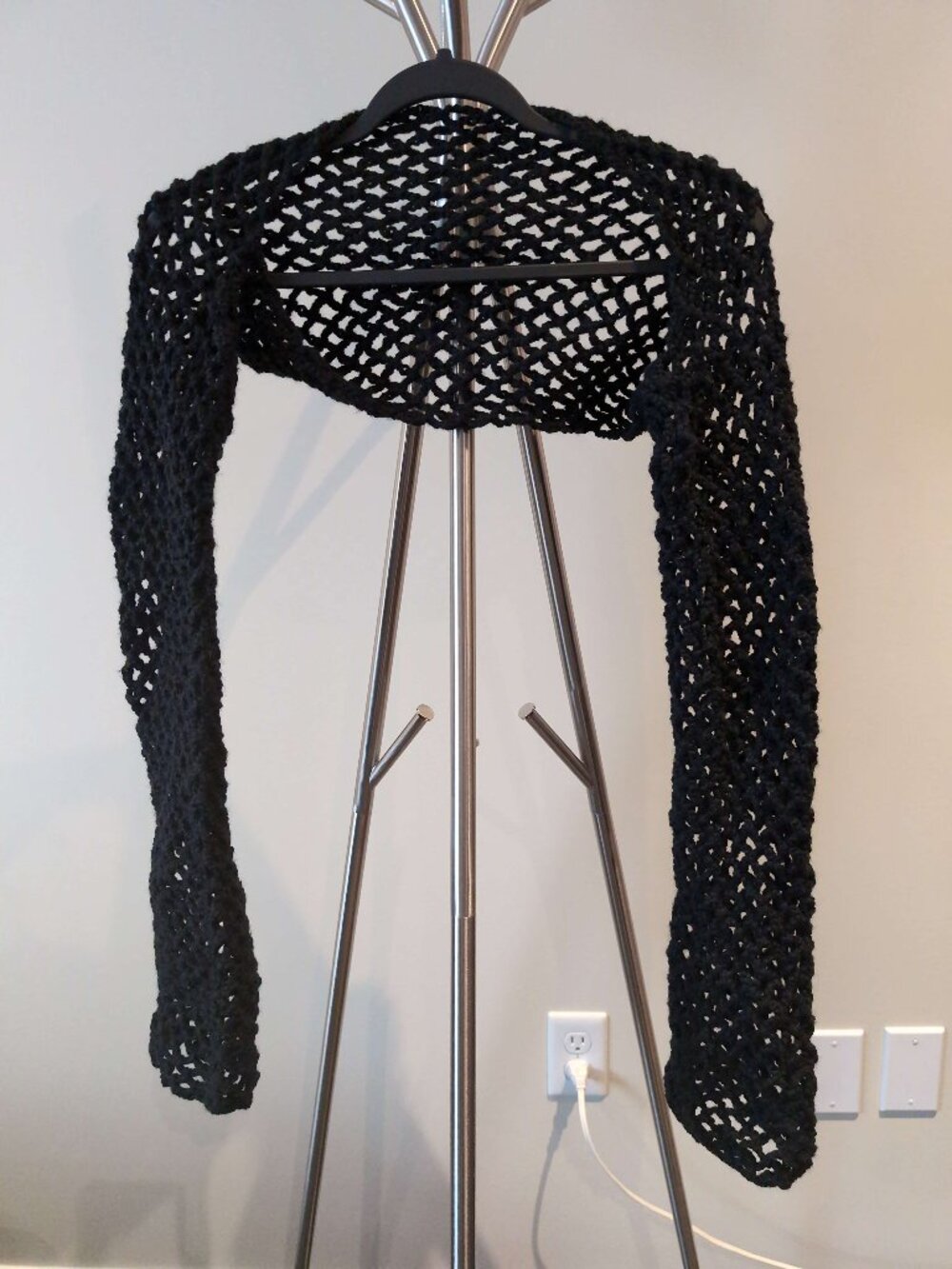 Handmade Crochet Open Work Lace Black Bolero with Long Sleeves